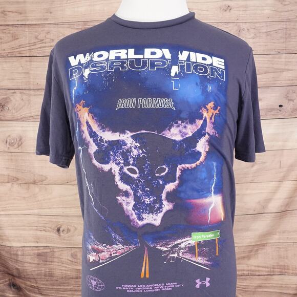 UNDER ARMOUR PROJECT ROCK WORLDWIDE DISRUPTION IRON PARADISE TSHIRT SIZE M - Picture 1 of 9